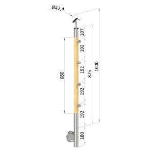 Dřevěný sloup, boční kotvení, 4 řadový, průchozí, vnější, vrch nastavitelný (ø42 mm), materiál: buk, broušený povrch s nátěrem BORI (bezbarvý)