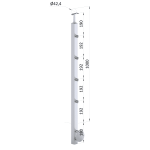 Nerezový sloup, boční kotvení, 4 řadový průchodný, vnitřní, vrch pevný, (40x40 mm), broušená nerez K320 / AISI304