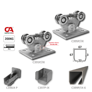 PICCOLO INOX (67x67 mm) nerezový samonosný systém pro posuvné brány do 200 kg/ otvor: 4 m (C399P-IX 1x6 m nerezový profil, C395P-IX 2 ks, C397P-IX 1 ks, C396P-IX 1 ks), nerez AISI304 bez povrch. úpravy