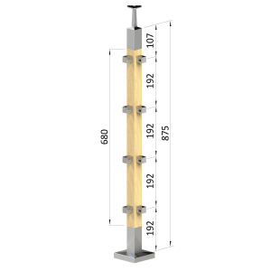 Dřevěný sloup, vrchní kotvení, 4 děrový rohový, vrch pevný (40x40 mm), materiál: buk, broušený povrch bez nátěru