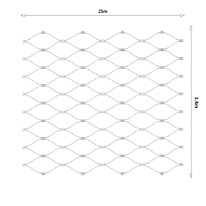 Nerezová lanková síť, 1,4m x 25m (šxd), oko 60x104 mm, tloušťka lanka 2mm, AISI316 (V nerozloženém stavu má síť 29,8m)