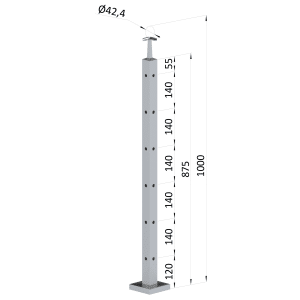 Nerezový sloup, vrchní kotvení, 6děrový rohový