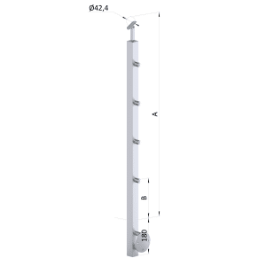 Nerezový sloup, boční kotvení, 4 řadový průchodný, vnitřní, vrch nastavitelný, (40x40 mm), broušená nerez K320 / AISI304