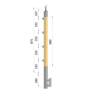 Dřevěný sloup, boční kotvení, 4 řadový, průchozí, vnější, vrch nastavitelný (40x40 mm), materiál: buk, broušený povrch s nátěrem BORI (bezbarvý)