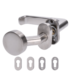 Klika (pravá) + koule oválná (pevná), vyhnutá včetně dolní rozety, balení: 1ks klika (pravá), 1ks koule oválná, 2ks dolní oválná rozeta, broušená nerez AISI304