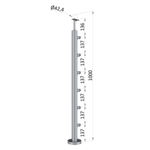 Nerezový sloup, vrchní kotvení, 6 řadový, průchodný, vrch pevný, (ø42,4x2 mm), broušená nerez K320 / AISI304