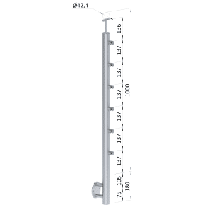 Nerezový sloup, boční kotvení, 6 řadový průchodný, venkovní, vrch pevný (ø42,4x2 mm), broušená nerez K320 / AISI316