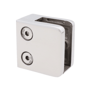 Svorka skla/plechu plochá (45x45x27mm) pro sklo 6-12.76mm, se spodní - vyjímatelnou podložkou, leštěná nerez AISI304, balení neobsahuje gumičky na sklo