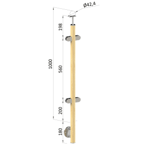 Dřevěný sloup, boční kotvení, výplň: sklo, průchozí, vrch pevný (ø42 mm), materiál: buk, broušený povrch s nátěrem BORI (bezbarvý)