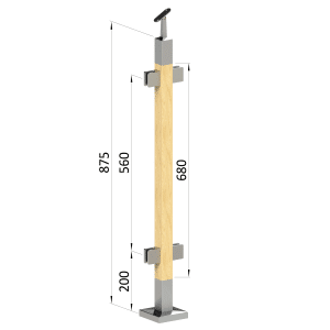 Dřevěný sloup, vrchní kotvení, výplň: sklo, průchozí, vrch nastavitelný (40x40mm), materiál: buk, broušený povrch bez nátěru