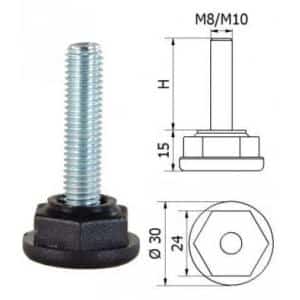 ø-30mm, M10x60mm, H-60mm, Bezkĺbová plastová nivelačná nožička, závitovo-nastavitelná.