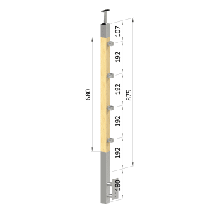 Dřevěný sloup, boční kotvení, 4 řadový, průchozí, vnitřní, vrch pevný (40x40mm), materiál: buk, broušený povrch s nátěrem BORI (bezbarvý)