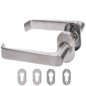 Klika nerezová (pár) včetně dolní rozety, balení: 2ks klika + 2ks dolní rozeta, příslušenství k montáži, broušená nerez K320/AISI304