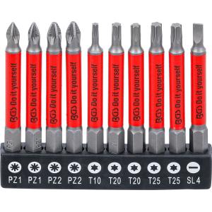 10 dílná sada bitů, magnetické, proti smykové, PZ, T, SL, chrom-vanadová ocel, pohon 6.3mm / 1/4`