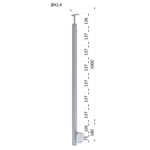 Nerezový sloup, boční kotvení, bez výplně, 5 řadový se závitem M6, vnitřní, vrch pevný, (ø 42.4x2mm), broušená nerez K320 /AISI304