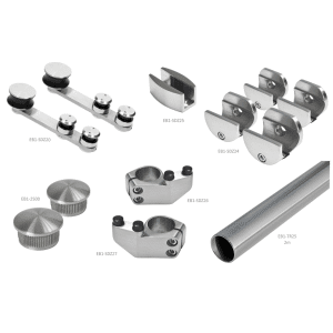 Závěsný systém - set na skleněné dveře (tloušťka skla: 8,00 - 12,00 mm), set obsahuje: EB1-SDZ26 1ks, EB1-SDZ27 1ks, EB1-SDZ21 2ks, EB1-SDZ25 4ks, EB1-SDZ24 1ks, EB1-2500 2ks, EB1-TR25 2m broušená nerez K320 /AISI304