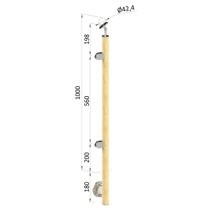 Dřevěný sloup, boční kotvení, výplň: sklo, levý, vrch nastavitelný (ø42 mm), materiál: buk, broušený povrch bez nátěru