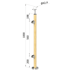 Dřevěný sloup, vrchní kotvení, výplň: sklo, levý, vrch pevný (ø 42mm), materiál: buk, broušený povrch s nátěrem BORI (bezbarvý)