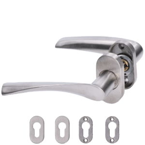 Klika nerezová (pár) včetně dolní rozety, balení: 2ks klika + 2ks dolní rozeta, příslušenství k montáži, broušená nerez K320/AISI304