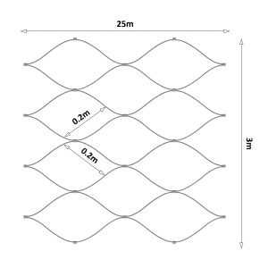 Nerezová lanková síť, 3.0m x 25m (šxd), oko 200x200 mm, tloušťka lanka 2mm, AISI316