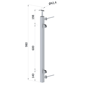 Nerezový sloup, boční kotvení, výplň: sklo, pravý, vrch pevný, (40x40x2 mm), brousená nerez K320 / AISI304
