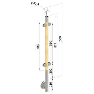 Dřevěný sloup, boční kotvení, výplň: sklo, průchozí, vrch nastavitelný (ø 42mm), materiál: buk, broušený povrch bez nátěru