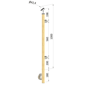 Dřevěný sloup, boční kotvení, výplň: sklo, pravý, vrch nastavitelný (ø 42mm), materiál: buk, broušený povrch s nátěrem BORI (bezbarvý)