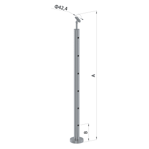Nerezový sloup, vrchní kotvení, 6 děrový průchodný, vrch nastavitelný (ø42,4x2 mm), broušená nerez K320 / AISI316