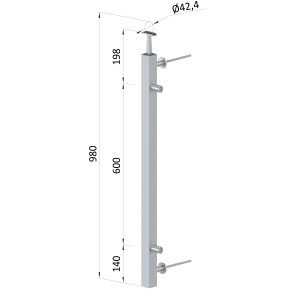 Nerezový sloup, boční kotvení, výplň: sklo, pravý, vrch pevný, (40x40x2.0 mm), brousená nerez K320 /AISI304