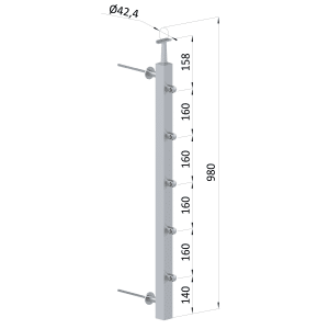 Nerezový sloup na francouzský balkón, boční kotvení, 5 řadový, průchozí, vrch pevný, (40x40x2.0 mm), broušená nerez K320 /AISI304