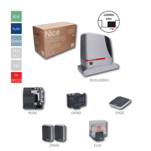 RUN1200 HI-SPEED kit rychlého pohonu pro posuvnou bránu do 1200 kg, 24 V, 700 W, BlueBus, 1x OXIBD, 1x EPMB, 1x ON2E, 1x ELDC, kompatibilní s nabíječkou baterií PS524 a akumulátory N B12-B (2 ks)