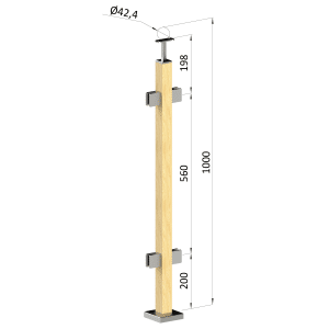 Dřevěný sloup, vrchní kotvení, výplň: sklo, průchozí, vrch pevný (40x40 mm), materiál: buk, broušený povrch s nátěrem BORI (bezbarvý)