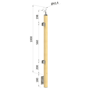 Dřevěný sloup, boční kotvení, výplň: sklo, koncový, levý, vrch nastavitelný (40x40mm), materiál: buk, broušený povrch bez nátěru