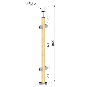 Dřevěný sloup, vrchní kotvení, výplň: sklo, průchozí, vrch pevný (ø42 mm), materiál: buk, boušený povrch s nátěrom BORI (bezbarvý)