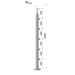 Nerezový sloup, vrchní kotvení, 5 řadový průchodný, vrch pevný (ø42,4x2 mm), broušená nerez K320 / AISI316
