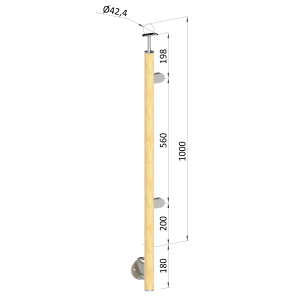 Dřevěný sloup, boční kotvení, výplň: sklo, pravý, vrch pevný (ø 42mm), materiál: buk, broušený povrch s nátěrem BORI (bezbarvý)