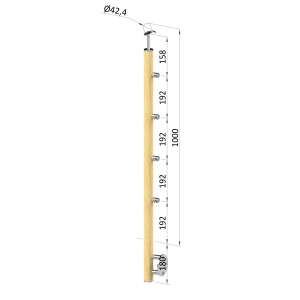 Dřevěný sloup, boční kotvení, 4 řadový, průchozí, vnitřní, vrch pevný (ø42 mm), materiál: buk, broušený povrch bez nátěru