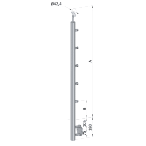 Nerezový sloup, boční kotvení, 5 řadový průchodný, vnitřní, vrch nastavitelný (ø 42,4x2 mm), broušená nerez K320 / AISI316