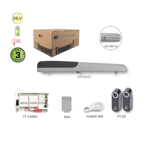 RAY42 KIT pro jednokřídlovou bránu do 4 m/křídlo, 1x RAY4024 (24V, 120W, 2000N), 1x SUB-44WR, 1x CT-14AB2, 1xRX4, 1 pár FT-32