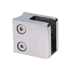 Svorka skla / plechu na trubku ø 42.4mm (45x45x27mm) pro sklo 6-12,76mm, se spodní - vyjímatelnou podložkou, leštěná nerez AISI304, balení neobsahuje gumičky na sklo