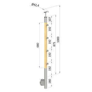 Dřevěný sloup, boční kotvení, 4 řadový, průchozí, vnější, vrch pevný (ø 42mm), materiál: buk, broušený povrch s nátěrem BORI (bezbarvý)