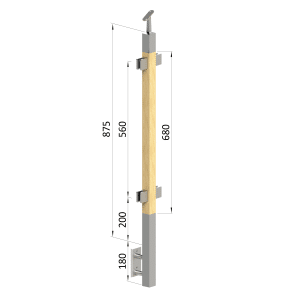 Dřevěný sloup, boční kotvení, výplň: sklo, průchozí, vrch nastavitelný (40x40mm), materiál: buk, broušený povrch bez nátěru