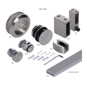 Závěsný systém - set na skleněné dveře pro profil 30x10 mm, (tloušťka skla: 8,00 - 12,00 mm), set obsahuje 2 metry EB1-JK30x10, broušená nerez K320/AISI 304