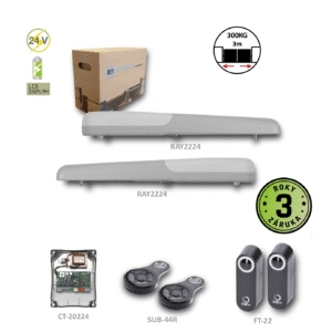 RAYKIT pro dvoukřídlou bránu do 3m/křídlo, 2x RAY2224 (24 V, 85 W, 1500 N), 2x SUB-44R, 1x CT-20224 s vestavěným příjmačem, 1 pár FT-42, není potřeba DYL