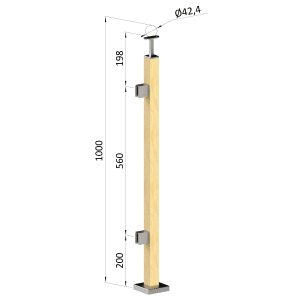 Dřevěný sloup, vrchní kotvení, výplň: sklo, levý, vrch pevný (40x40mm), materiál: buk, broušený povrch bez nátěru