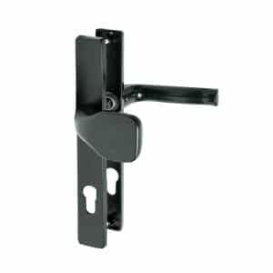 Klika AL s koulí, rozměr štítku 239 x 32 mm, rozteč 72 mm, černá prášková barva vypalovaná, s otvorem pro stavební vložku, pár