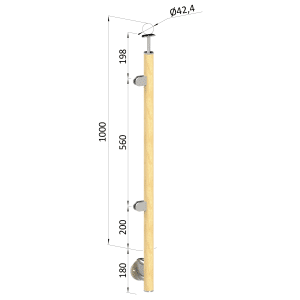 Dřevěný sloup, boční kotvení, výplň: sklo, levý, vrch pevný (ø 42mm), materiál: buk, broušený povrch bez nátěru