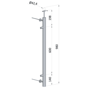 Nerezový sloup, boční kotvení, výplň: plech, levý, vrch pevný, (ø42.4x2 mm), broušená nerez K320 /AISI304