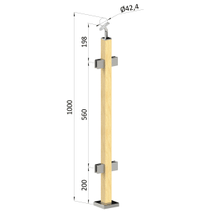 Dřevěný sloup, vrchní kotvení, výplň: sklo, průchozí, vrch nastavitelný (40x40 mm), materiál: buk, broušený povrch s nátěrem BORI (bezbarvý)