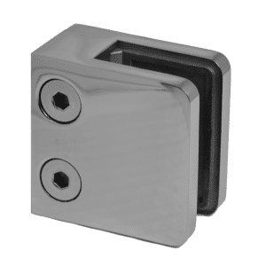 Svorka skla / plechu plochá (45x45x26 mm), bez úchytových šroubů a krytek na šrouby, leštěná nerez / AISI304, balení neobsahuje gumičky na sklo